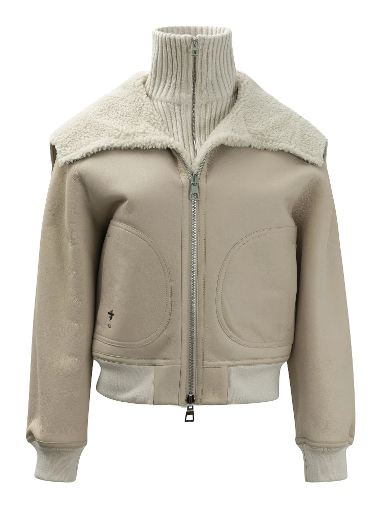 Leather reversible jacket with knitted turtleneck