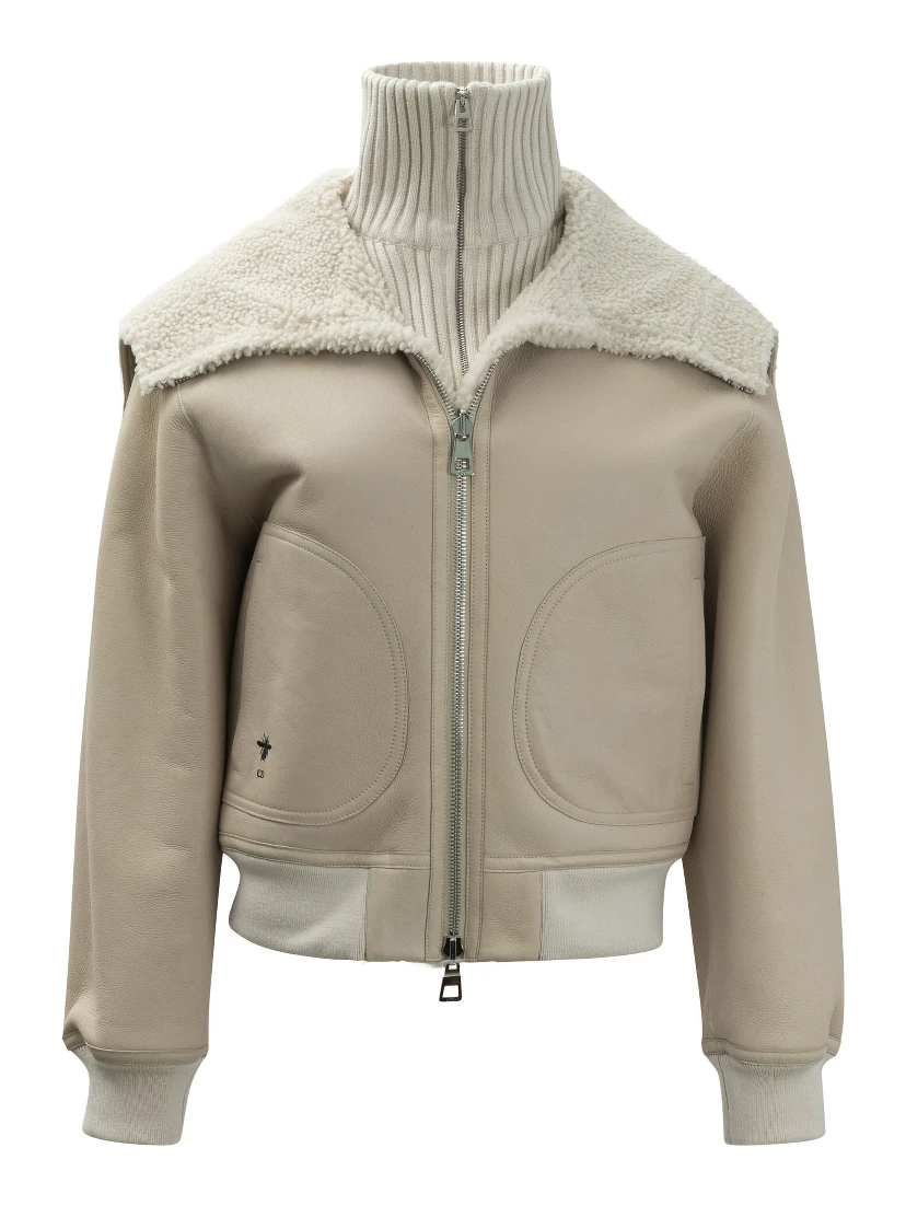 Leather reversible jacket with knitted turtleneck