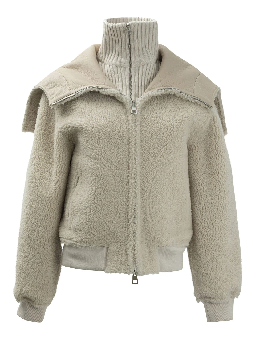 Leather reversible jacket with knitted turtleneck