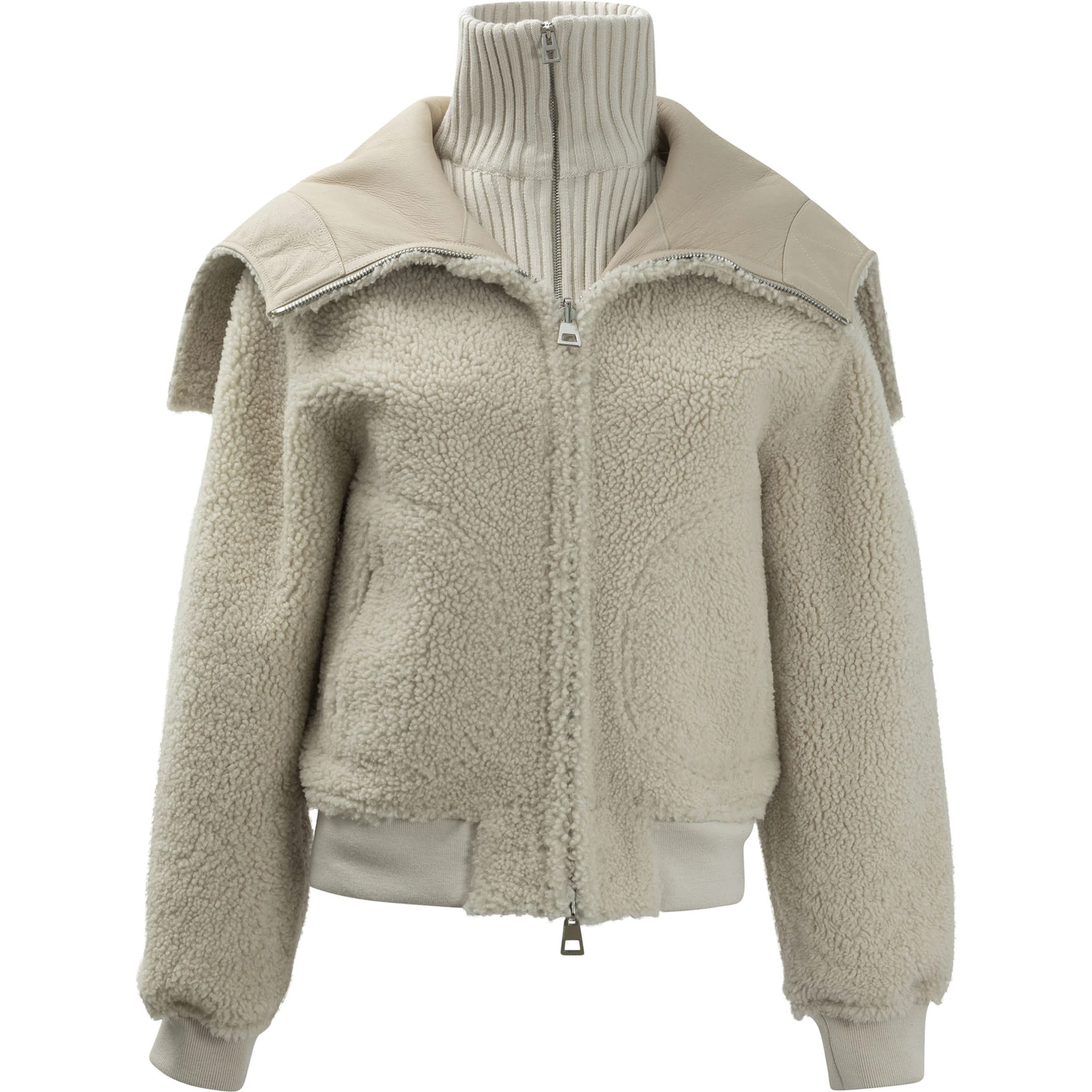 Leather reversible jacket with knitted turtleneck