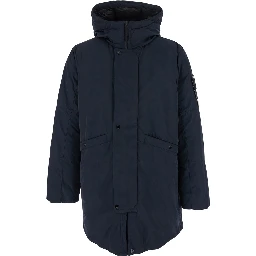 Blue Jacket with Hood with Zip and Logo Patch on the Sleeve in Tech Fabric Man