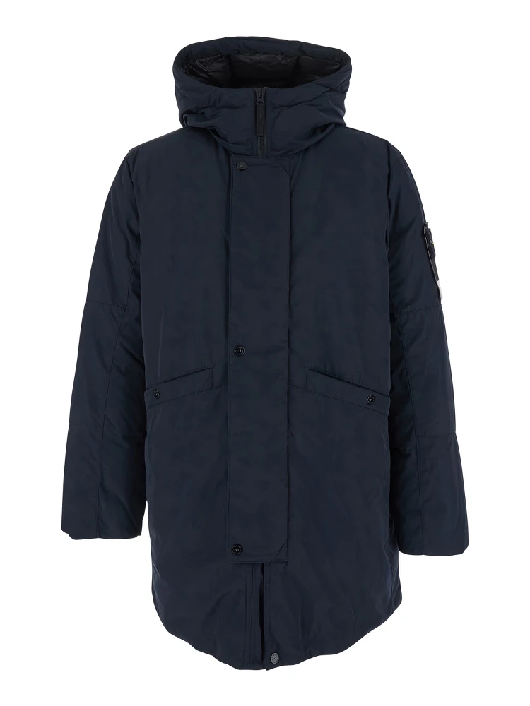 Blue Jacket with Hood with Zip and Logo Patch on the Sleeve in Tech Fabric Man