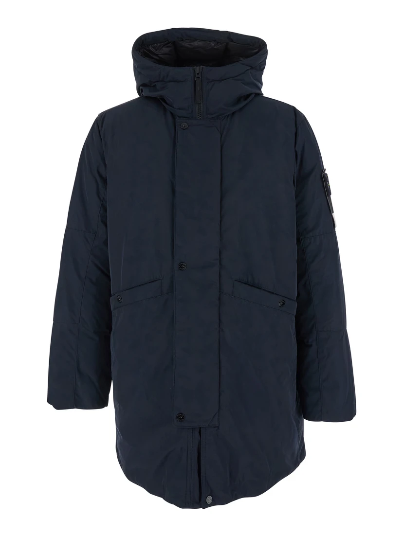 Blue Jacket with Hood with Zip and Logo Patch on the Sleeve in Tech Fabric Man