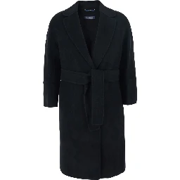 Arona Black Coat with Notched Revers and Front Belt Closure in Wool Woman