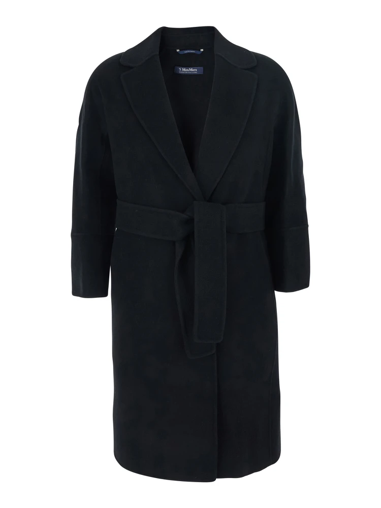 Arona Black Coat with Notched Revers and Front Belt Closure in Wool Woman