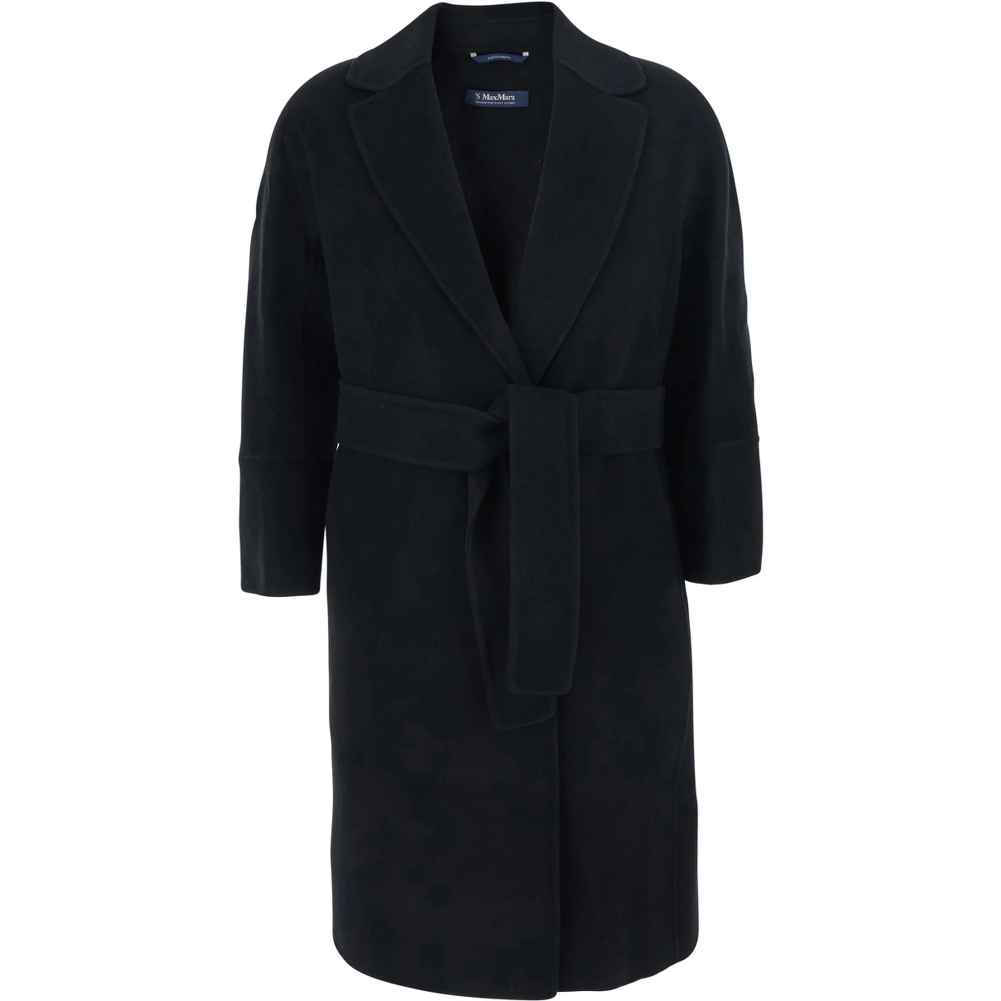 Arona Black Coat with Notched Revers and Front Belt Closure in Wool Woman