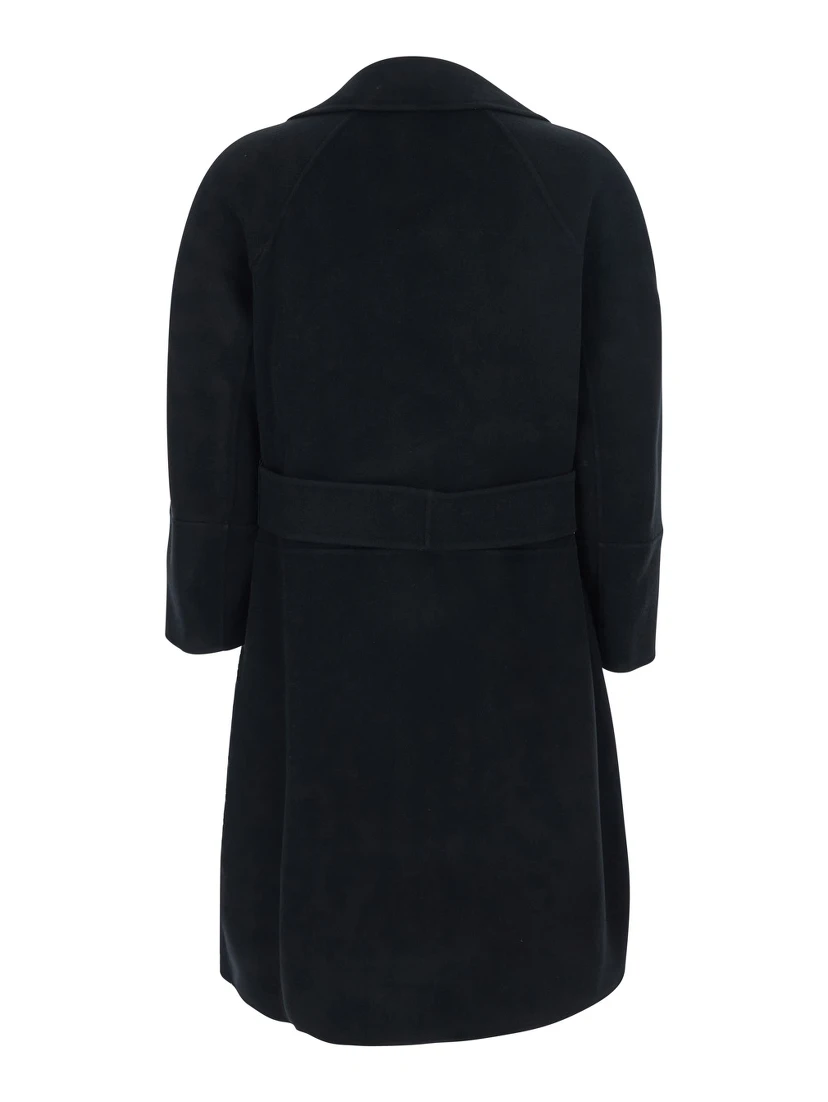 Arona Black Coat with Notched Revers and Front Belt Closure in Wool Woman