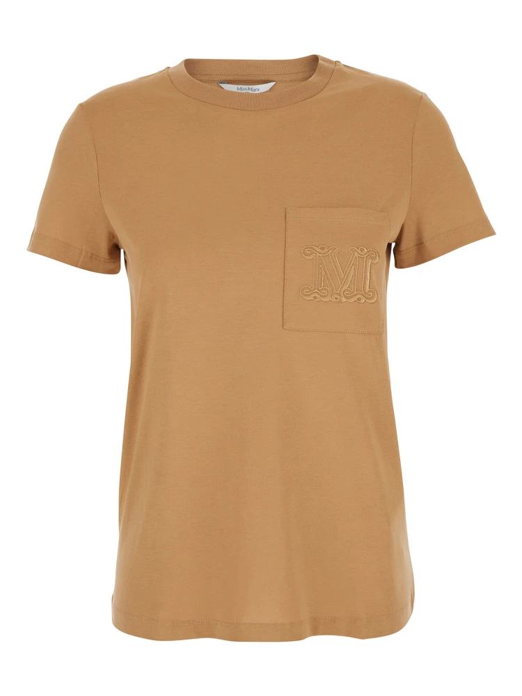 Papaia Beige Crewneck T-Shirt with One Front Patch Pocket with Logo Embroidery in Cotton Woman