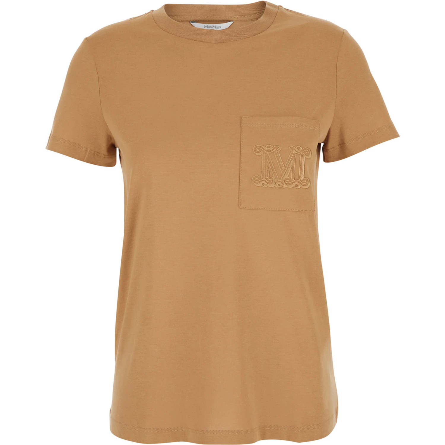 Papaia Beige Crewneck T-Shirt with One Front Patch Pocket with Logo Embroidery in Cotton Woman