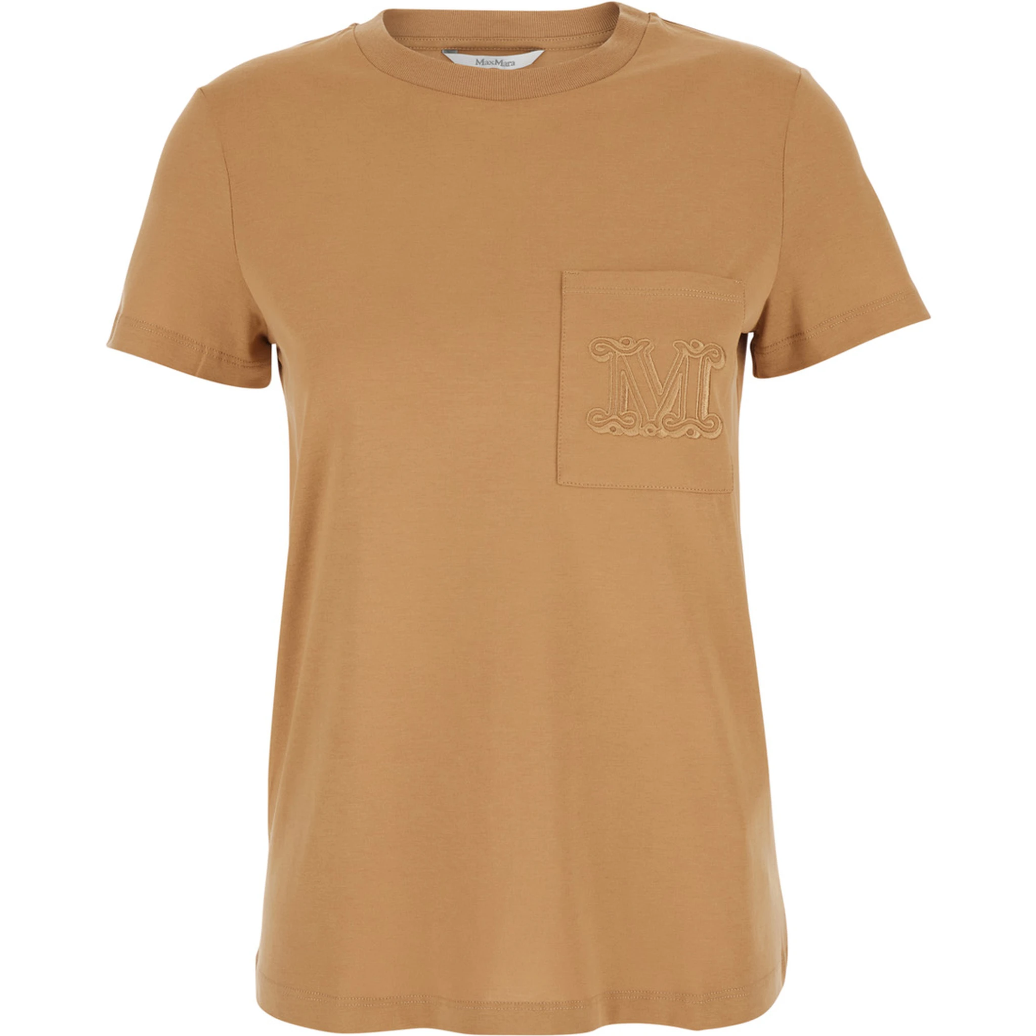 Papaia Beige Crewneck T-Shirt with One Front Patch Pocket with Logo Embroidery in Cotton Woman