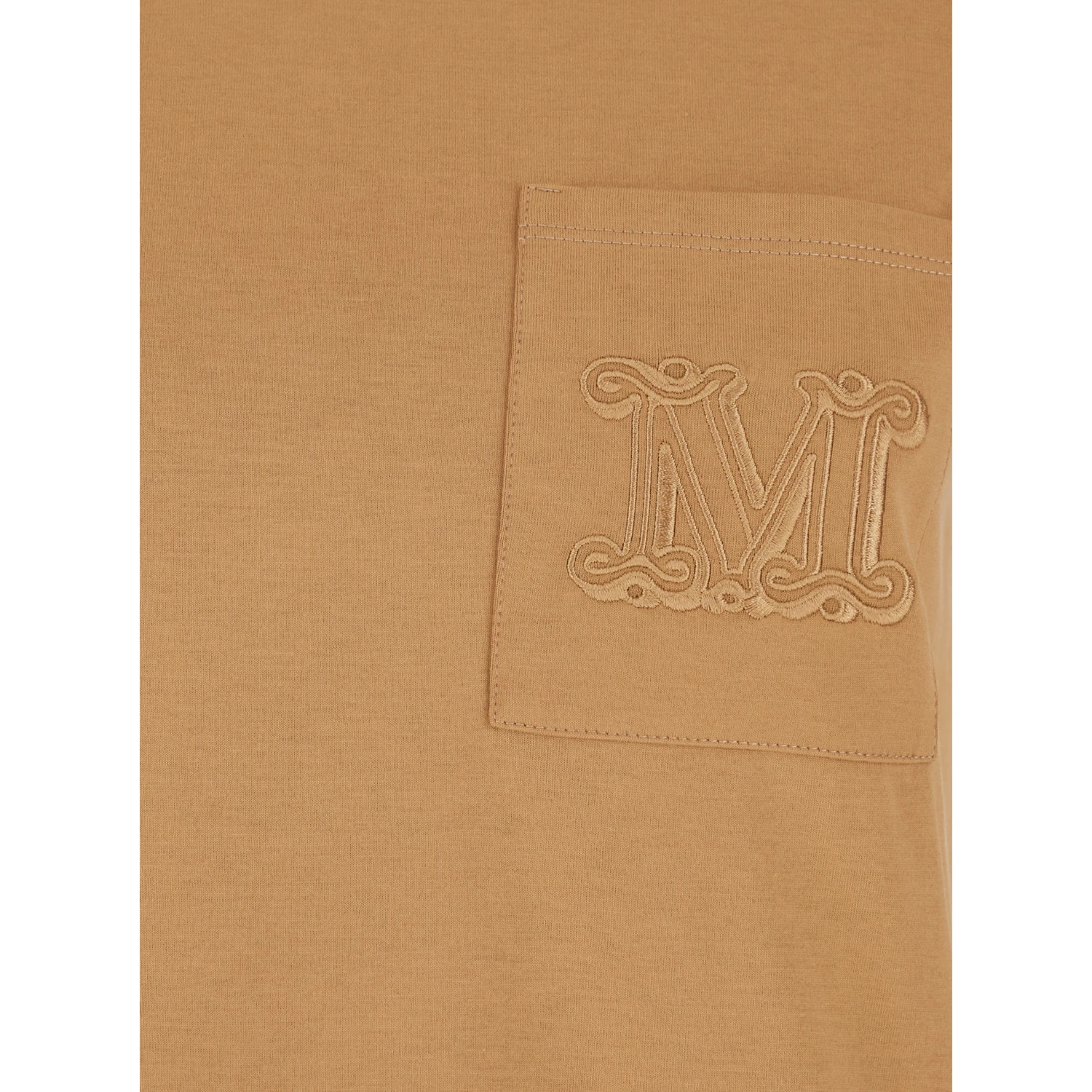 Papaia Beige Crewneck T-Shirt with One Front Patch Pocket with Logo Embroidery in Cotton Woman