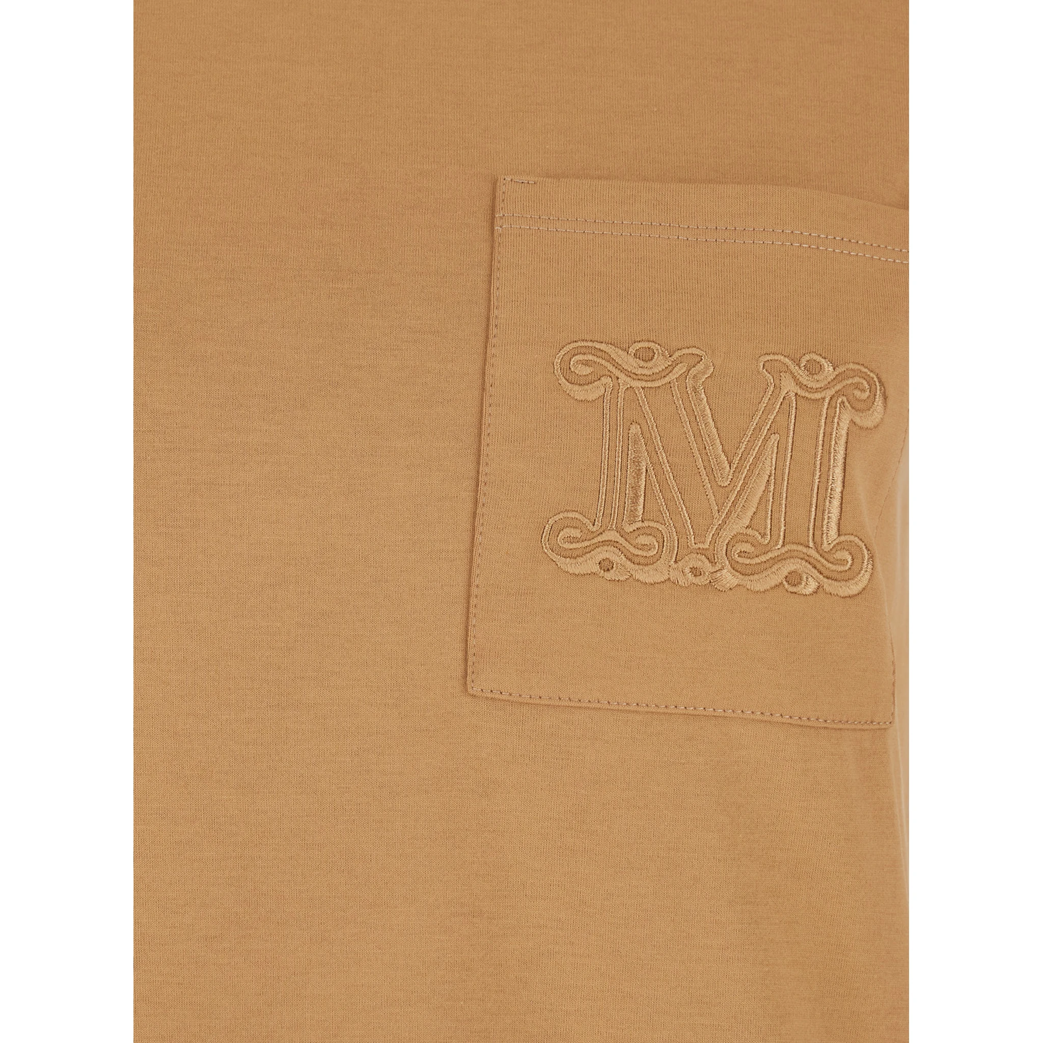 Papaia Beige Crewneck T-Shirt with One Front Patch Pocket with Logo Embroidery in Cotton Woman