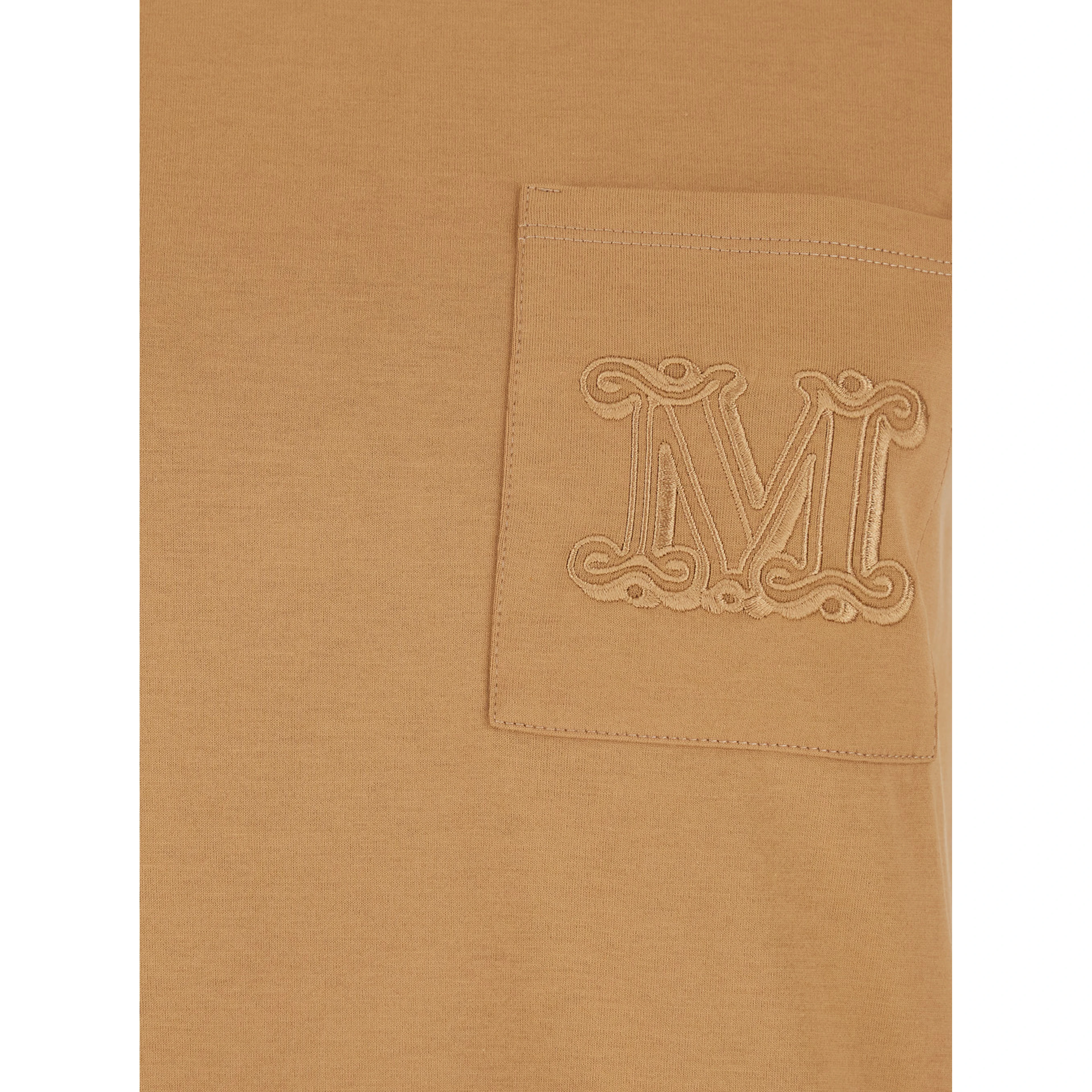Papaia Beige Crewneck T-Shirt with One Front Patch Pocket with Logo Embroidery in Cotton Woman