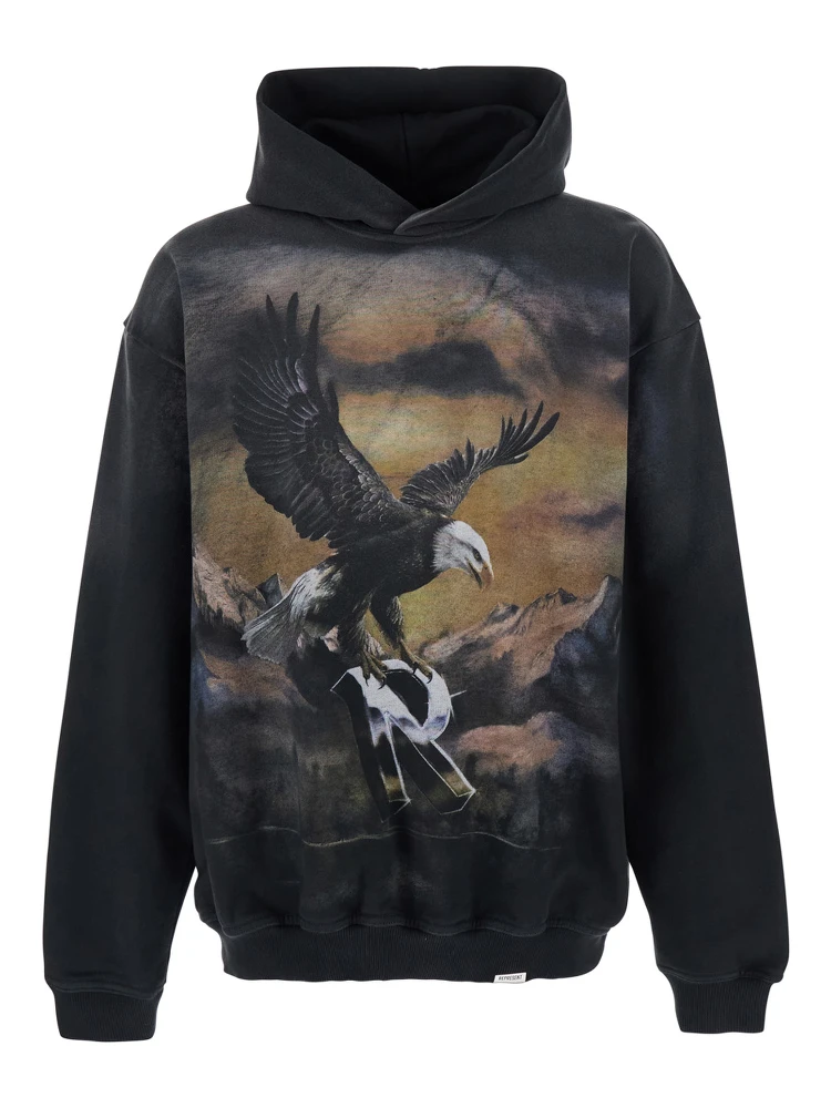 Black Hoodie with Maxi Print on Front and Rear and Dropped Shoulders in Cotton Man