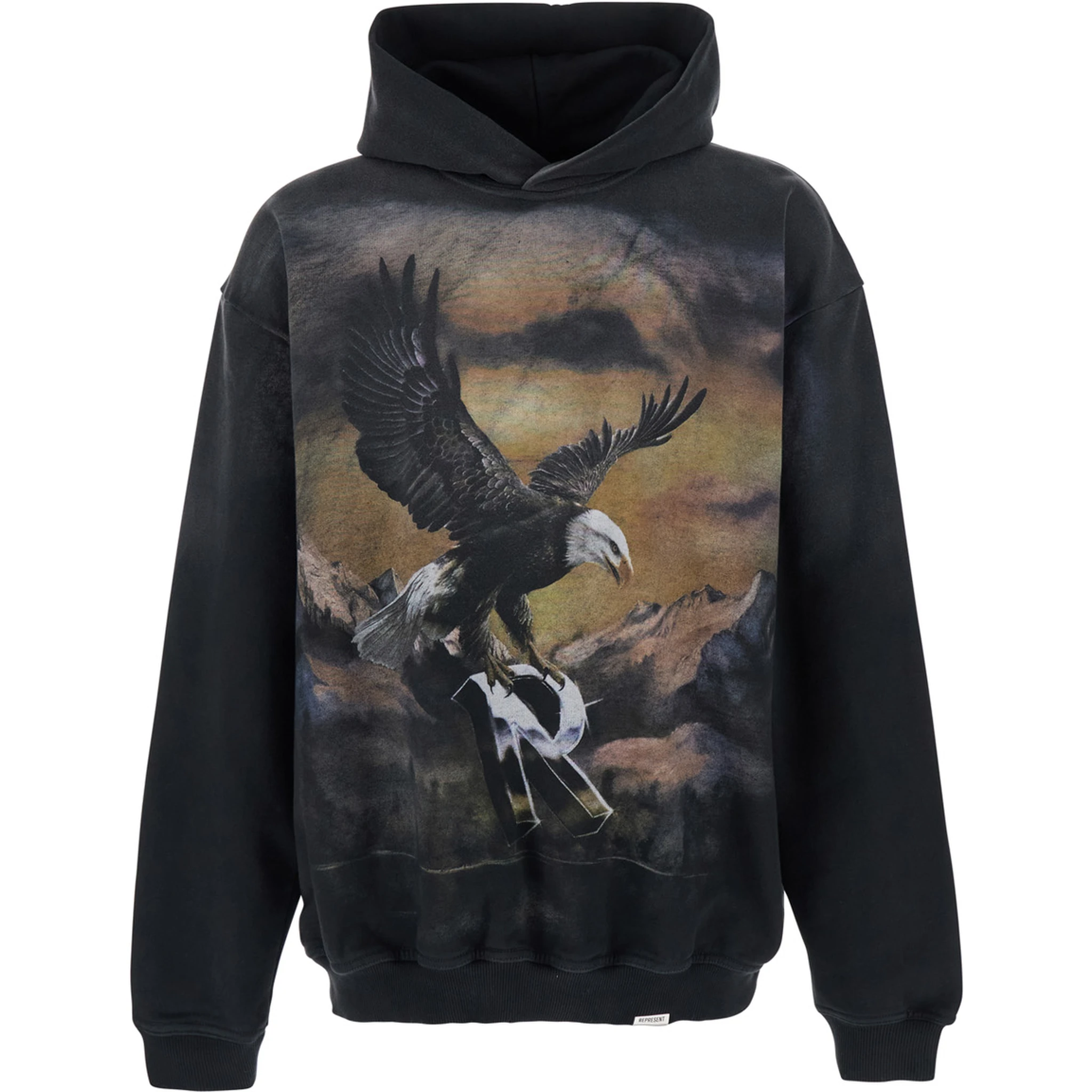 Black Hoodie with Maxi Print on Front and Rear and Dropped Shoulders in Cotton Man