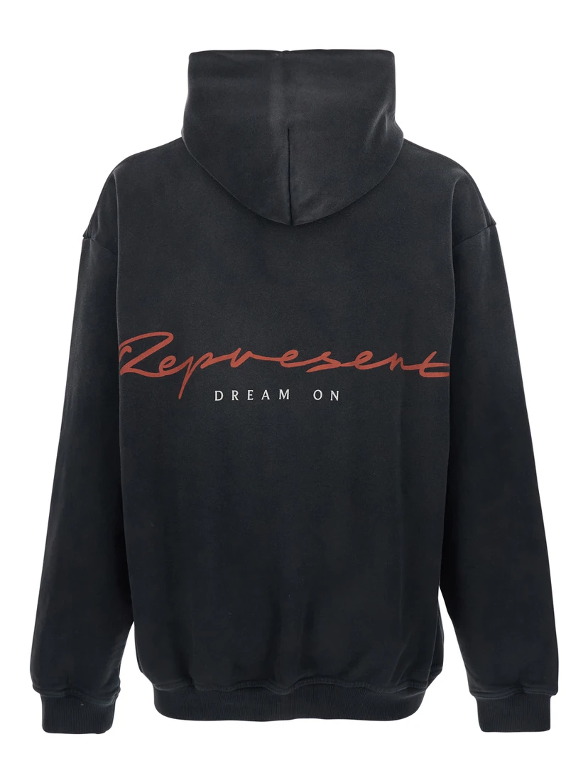 Black Hoodie with Maxi Print on Front and Rear and Dropped Shoulders in Cotton Man