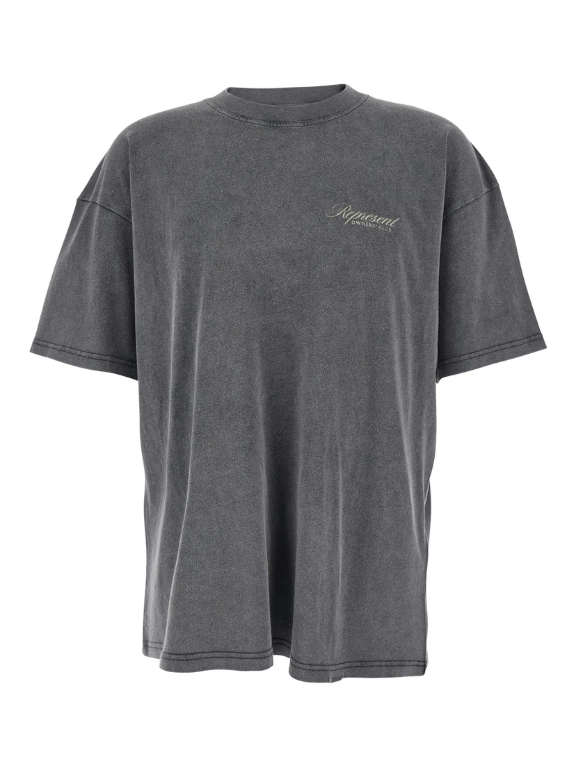 Grey Crew Neck T-Shirt with Logo on Front and Back and Faded Effect in Cotton Man