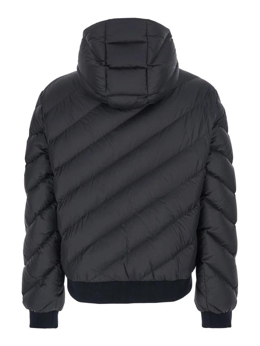 Black Reversible Down Jacket with Hood and Logo Patch on the Front in Tech Fabric Man