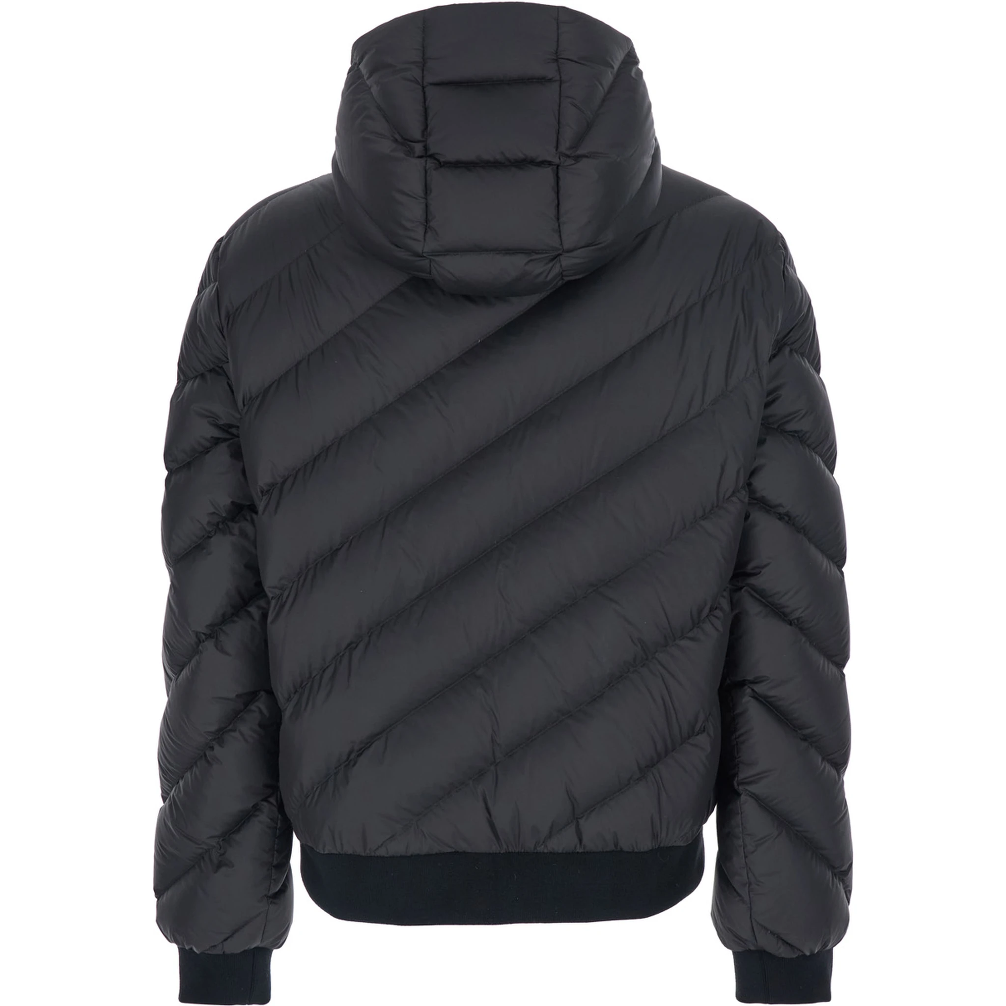 Black Reversible Down Jacket with Hood and Logo Patch on the Front in Tech Fabric Man