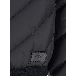 Black Reversible Down Jacket with Hood and Logo Patch on the Front in Tech Fabric Man