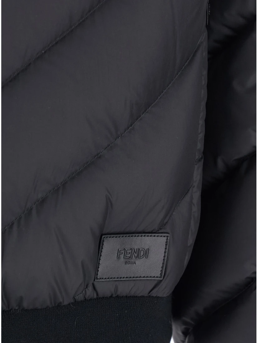 Black Reversible Down Jacket with Hood and Logo Patch on the Front in Tech Fabric Man