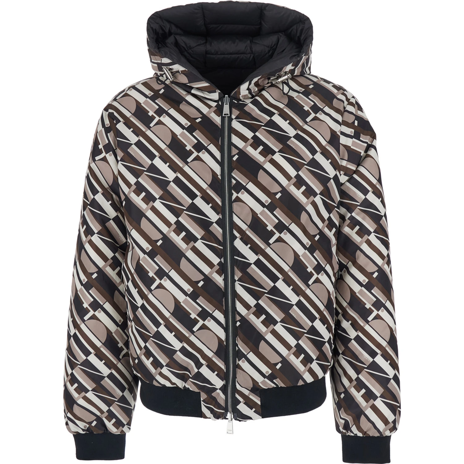 Black Reversible Down Jacket with Hood and Logo Patch on the Front in Tech Fabric Man