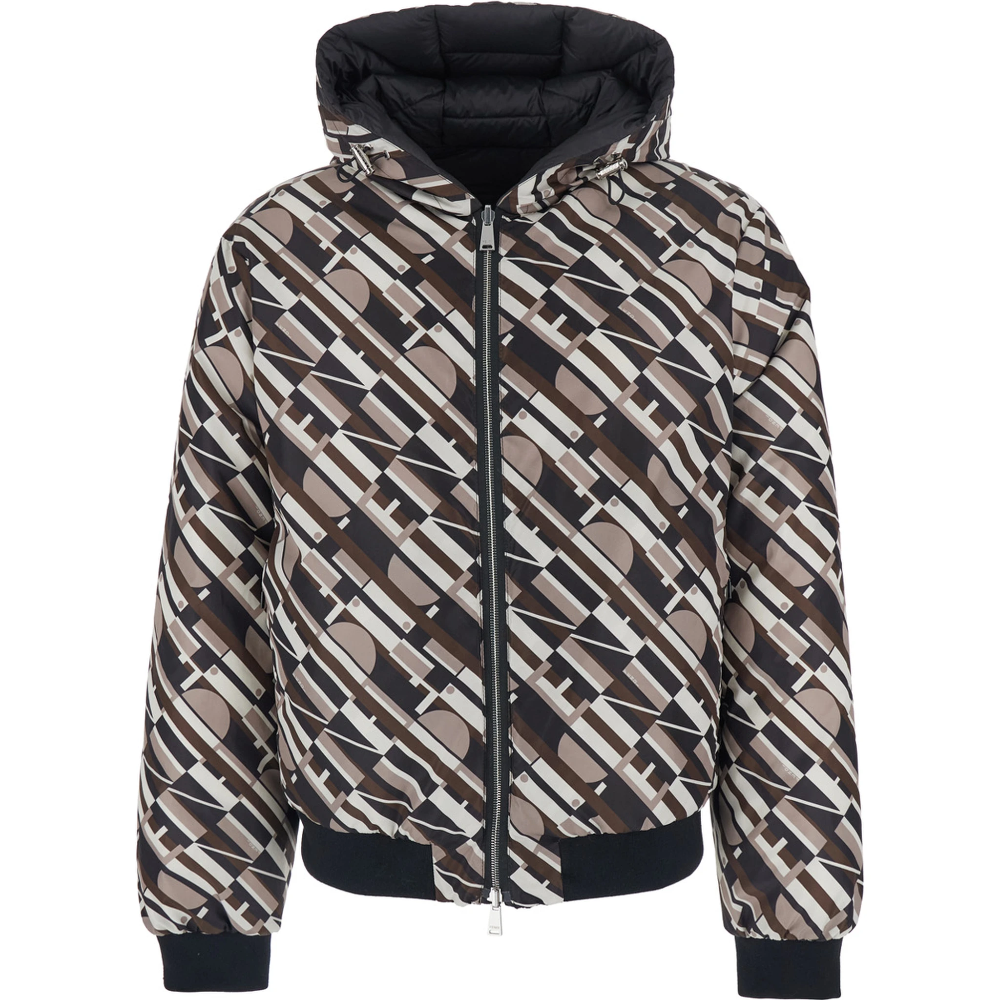 Black Reversible Down Jacket with Hood and Logo Patch on the Front in Tech Fabric Man