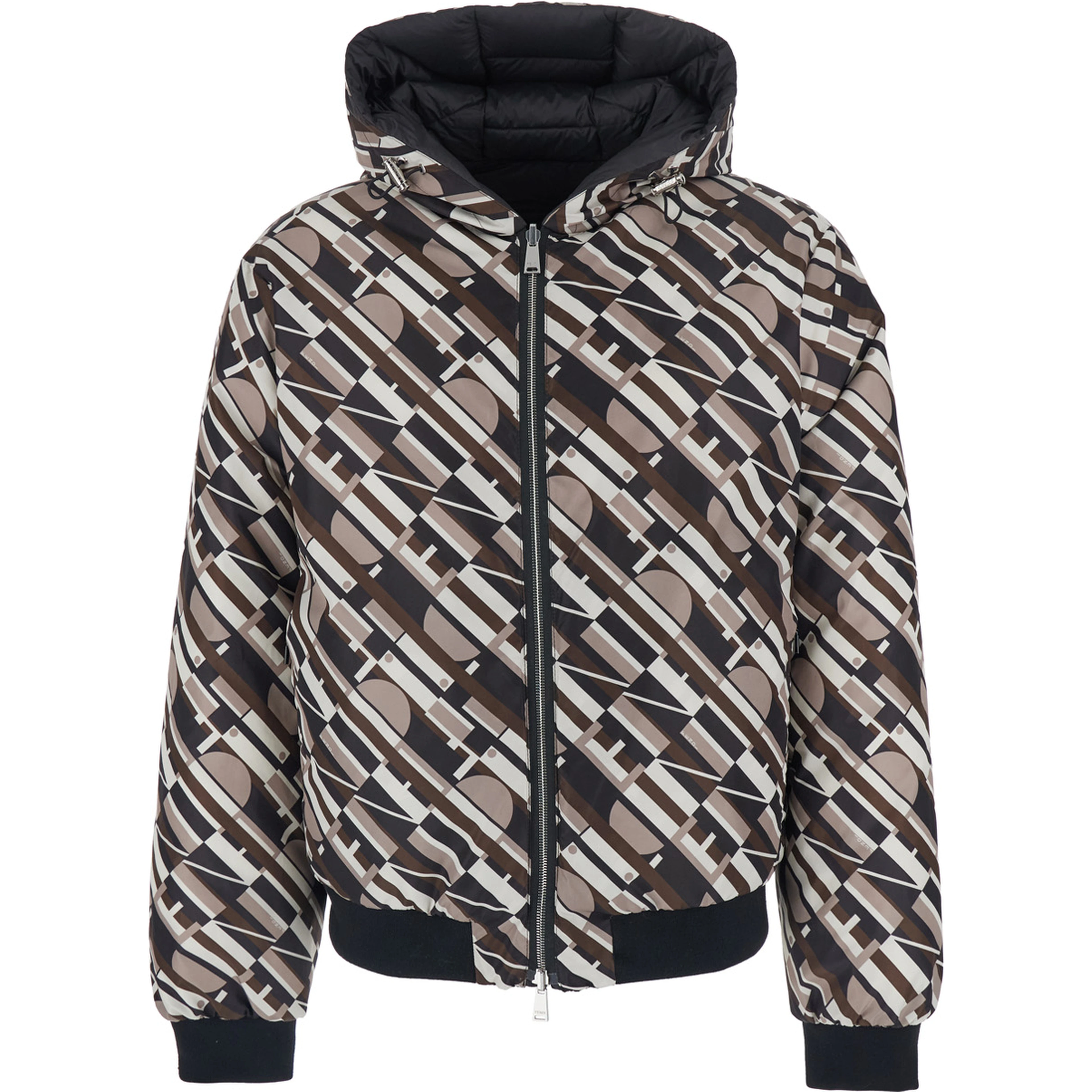 Black Reversible Down Jacket with Hood and Logo Patch on the Front in Tech Fabric Man