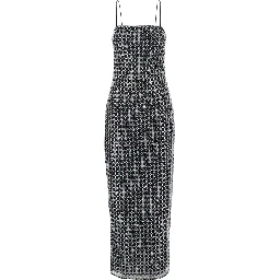 Black Long Dress with Thin Straps and Beaded Decorations in Fabric Woman