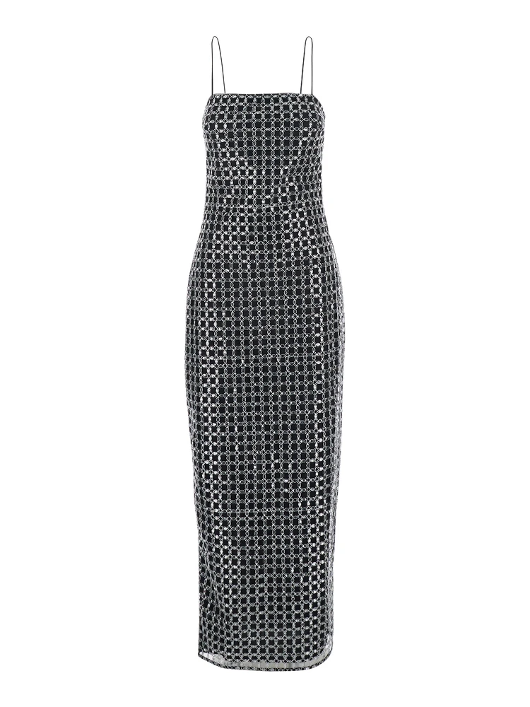 Black Long Dress with Thin Straps and Beaded Decorations in Fabric Woman