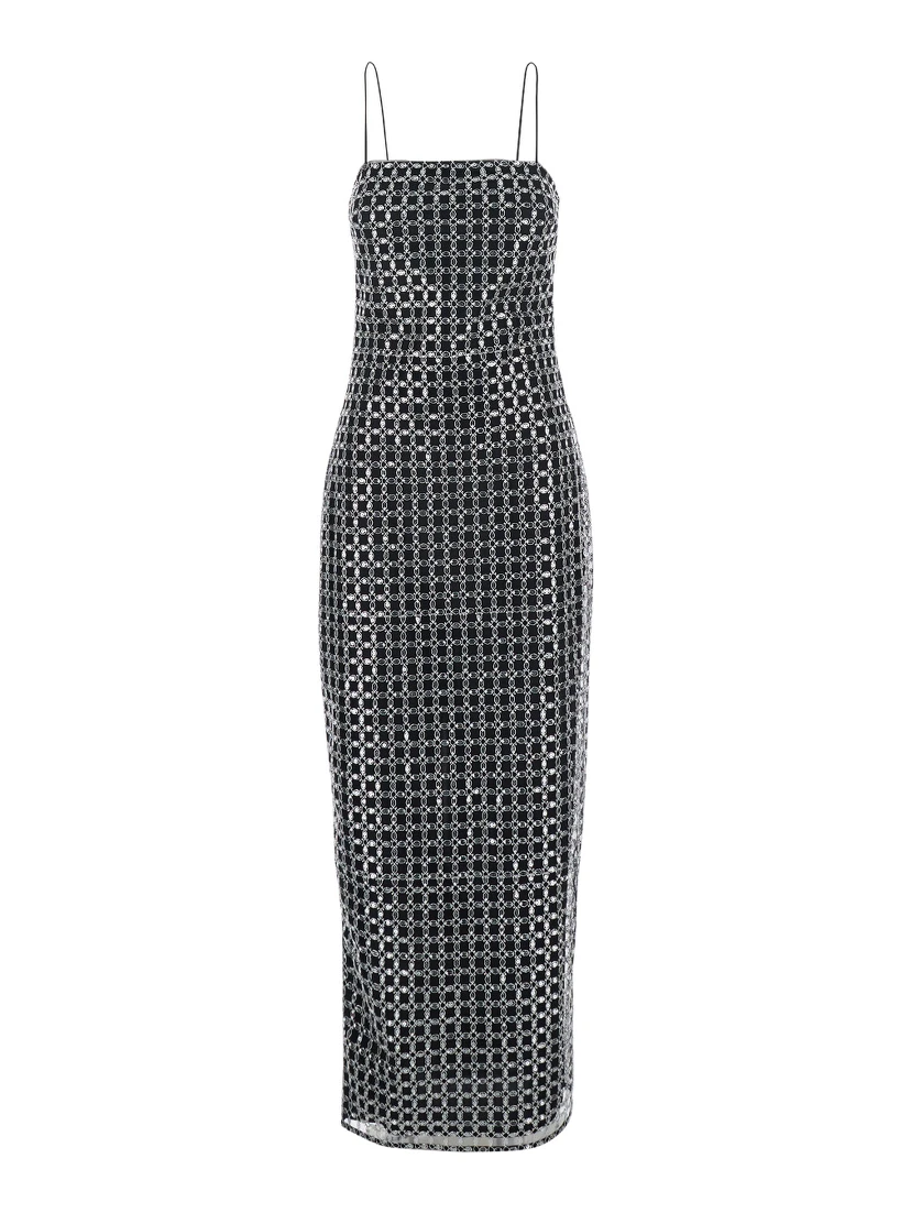 Black Long Dress with Thin Straps and Beaded Decorations in Fabric Woman