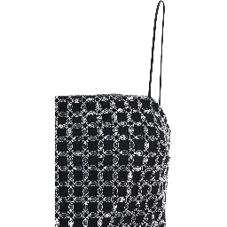 Black Long Dress with Thin Straps and Beaded Decorations in Fabric Woman