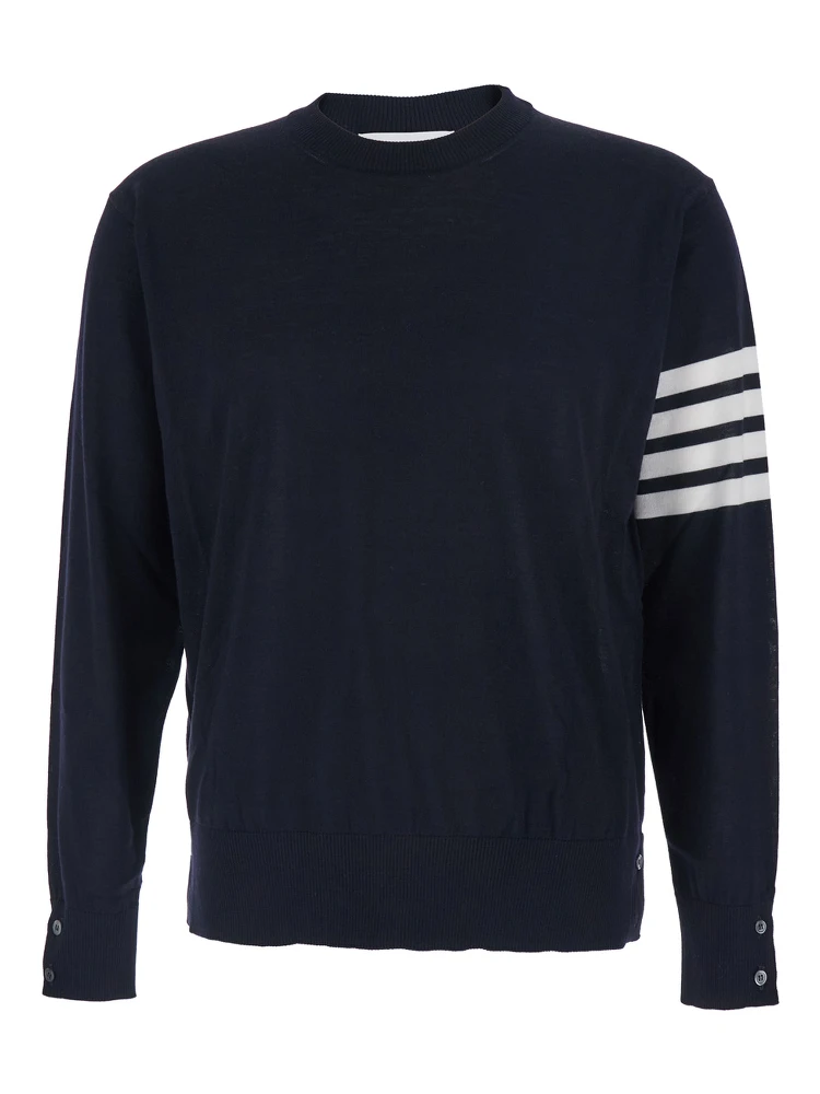 Blue Crewneck Swwater with 4-Bar on the Sleeve and Ribbed Trims in Wool Man