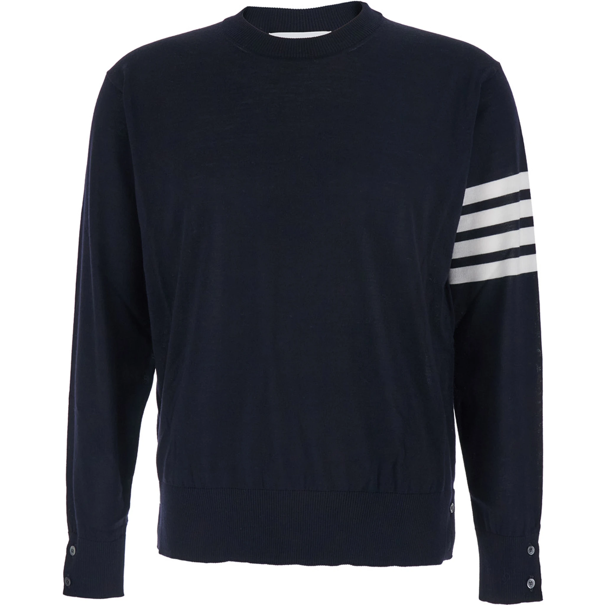 كنزة صوفية زرقاء برقبة دائرية مزينة بأربعة أشرطة على الكم وحواف مضلعة للرجال