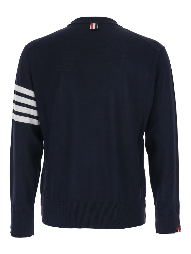 Blue Crewneck Swwater with 4-Bar on the Sleeve and Ribbed Trims in Wool Man alternative