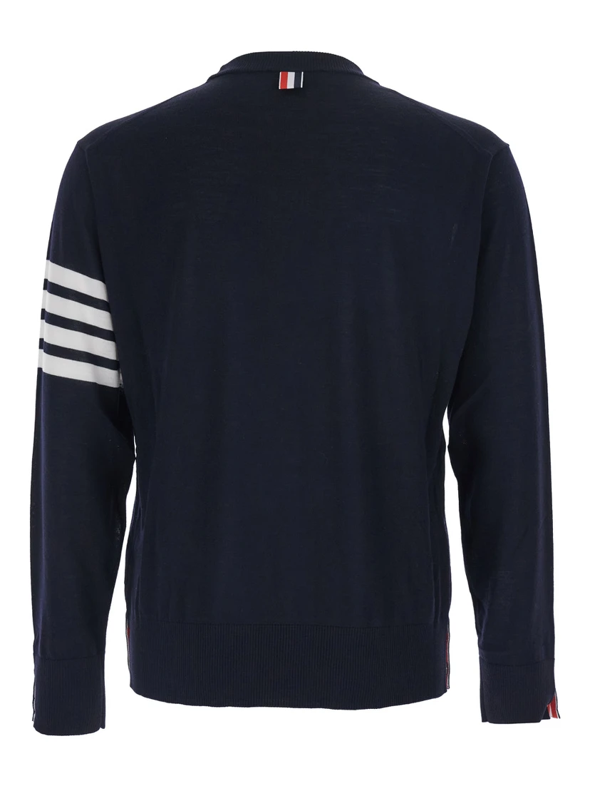 Blue Crewneck Swwater with 4-Bar on the Sleeve and Ribbed Trims in Wool Man