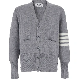 Grey Cardigan with V Neck and Striped Detail on the Sleeve in Wool Man