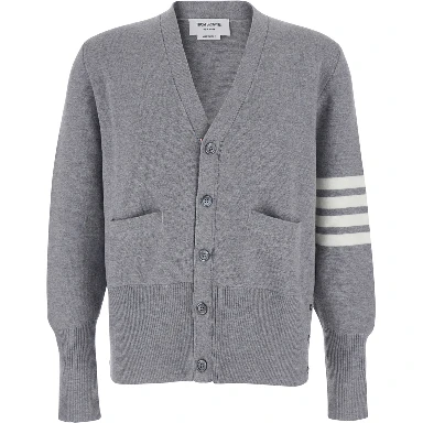 Grey Cardigan with V Neck and Striped Detail on the Sleeve in Wool Man