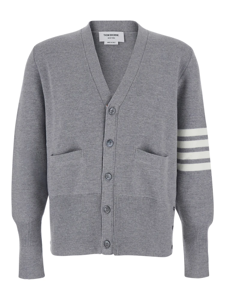 Grey Cardigan with V Neck and Striped Detail on the Sleeve in Wool Man