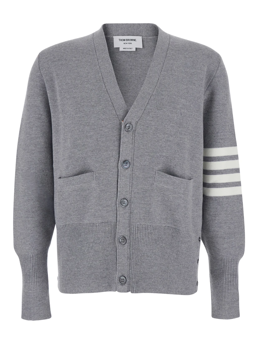 Grey Cardigan with V Neck and Striped Detail on the Sleeve in Wool Man