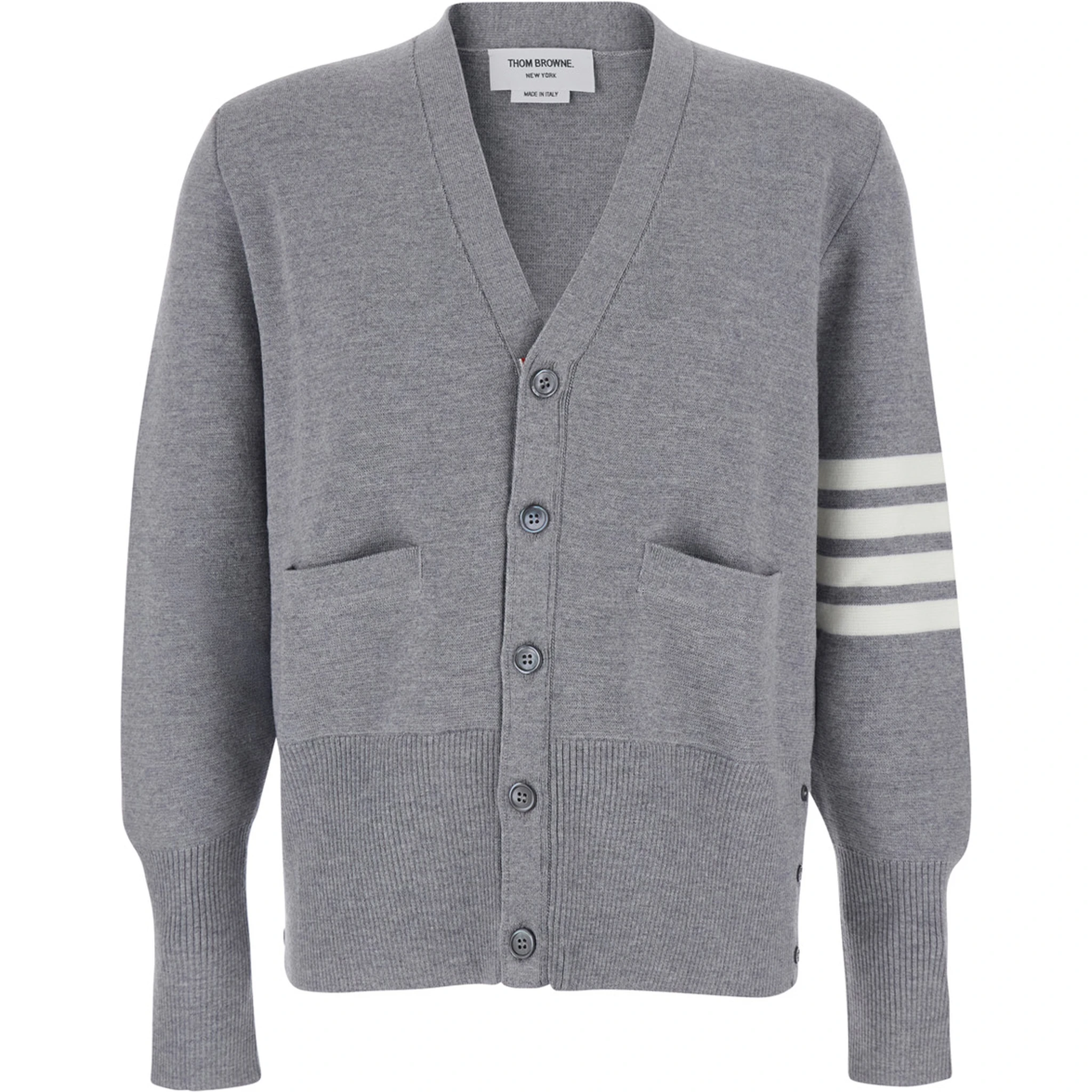 Grey Cardigan with V Neck and Striped Detail on the Sleeve in Wool Man