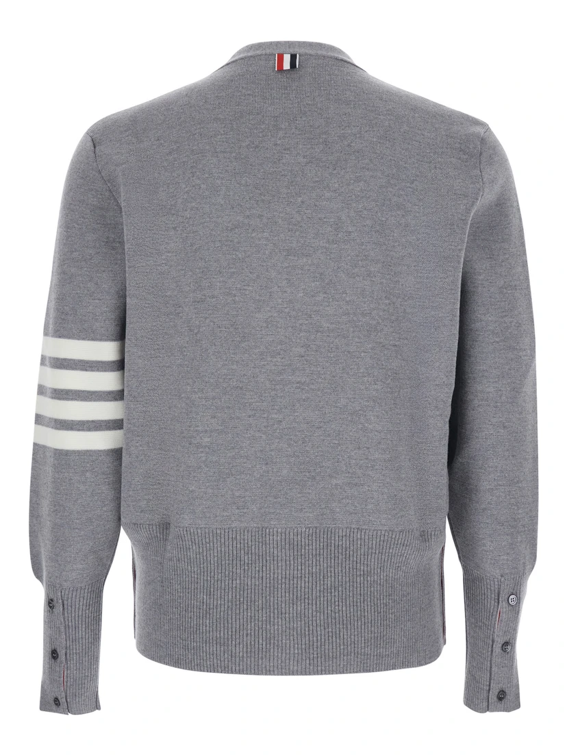 Grey Cardigan with V Neck and Striped Detail on the Sleeve in Wool Man