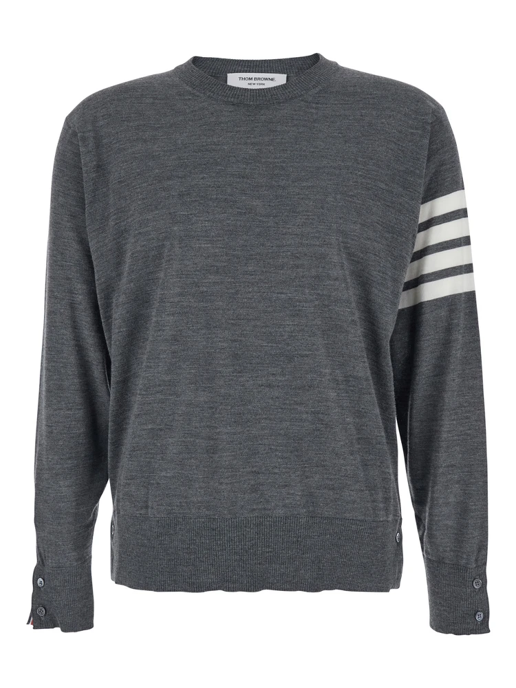 Grey Crew Neck Sweater with 4-Bar Detail in Virgin Wool Man