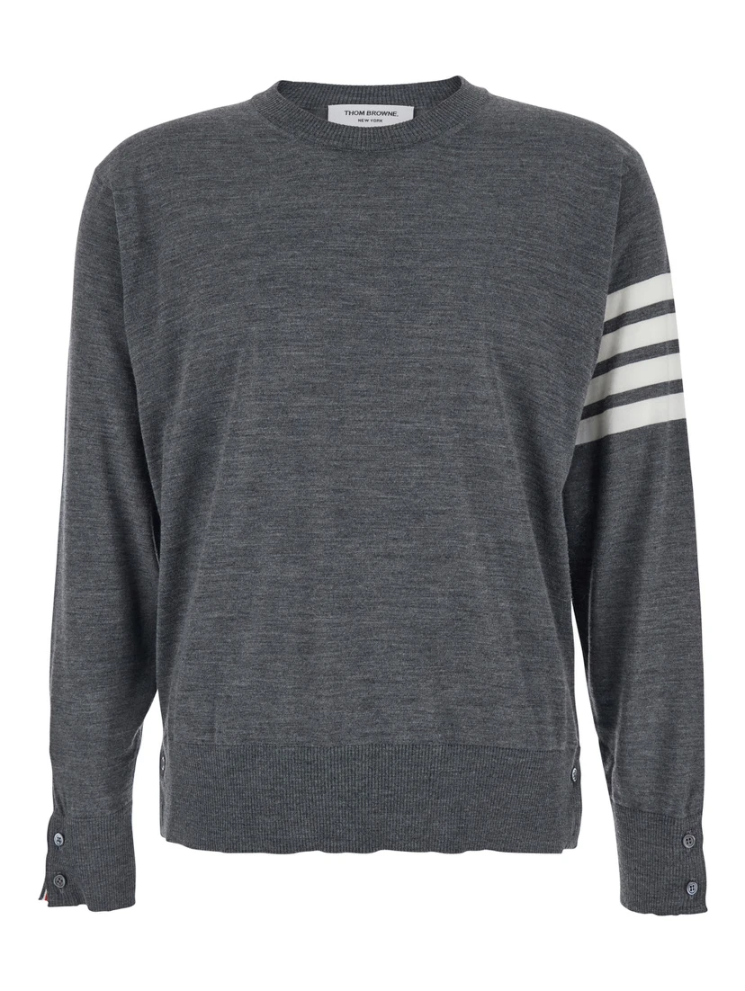 Grey Crew Neck Sweater with 4-Bar Detail in Virgin Wool Man