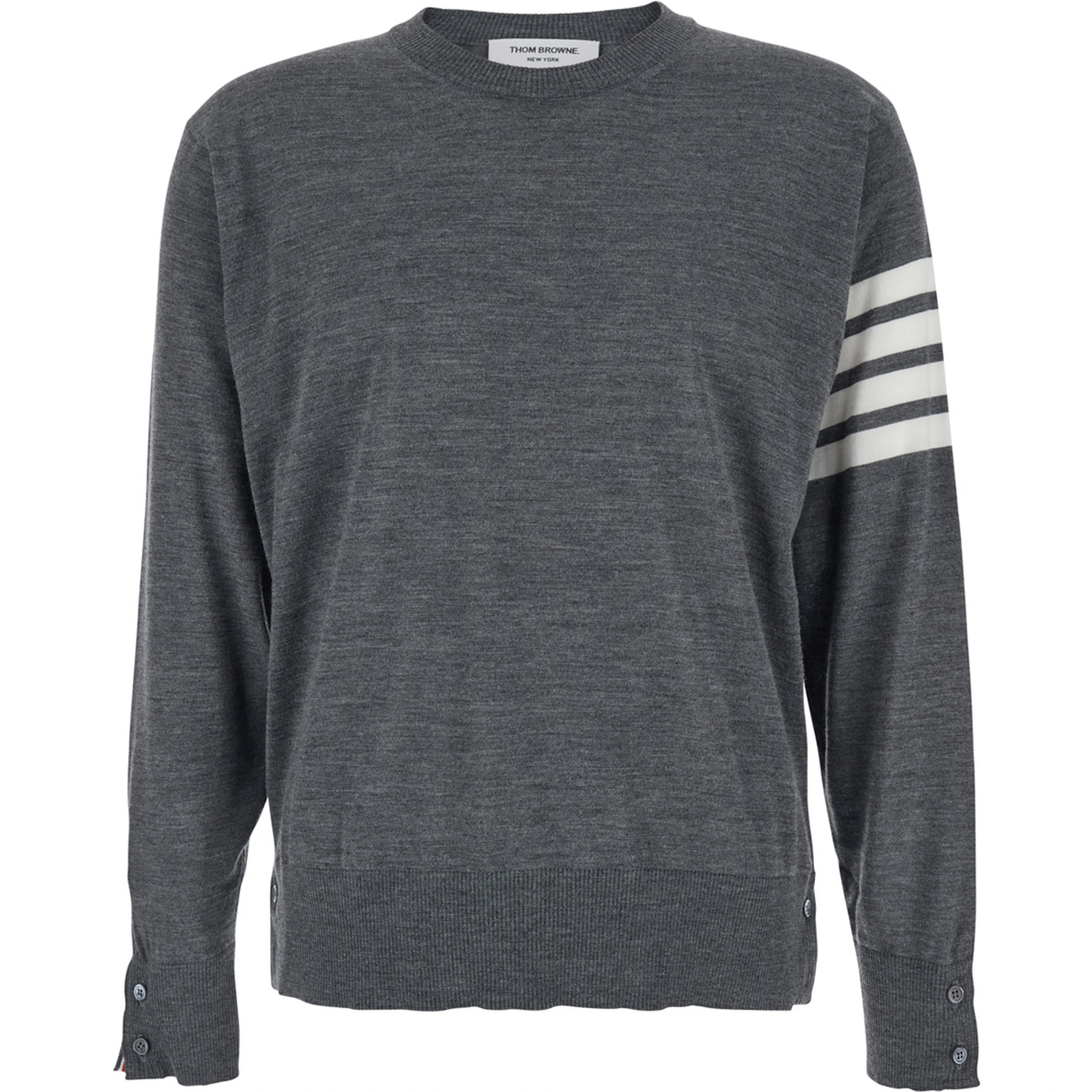 Grey Crew Neck Sweater with 4-Bar Detail in Virgin Wool Man