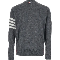 Grey Crew Neck Sweater with 4-Bar Detail in Virgin Wool Man