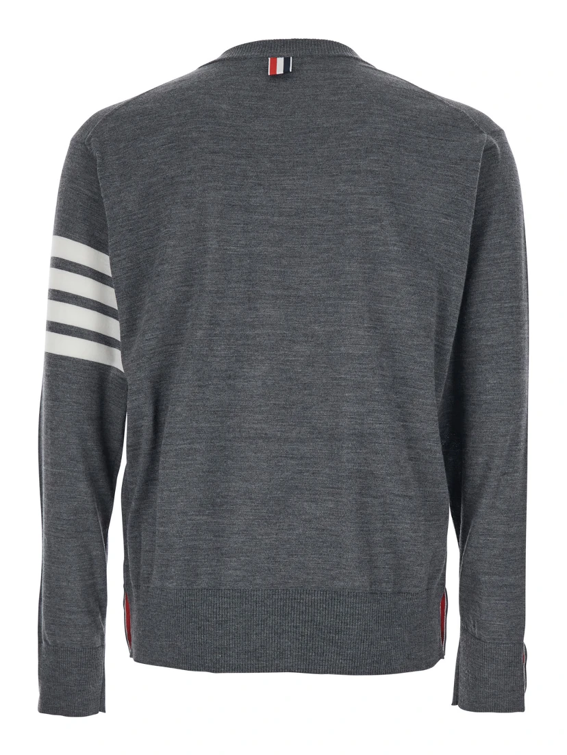Grey Crew Neck Sweater with 4-Bar Detail in Virgin Wool Man