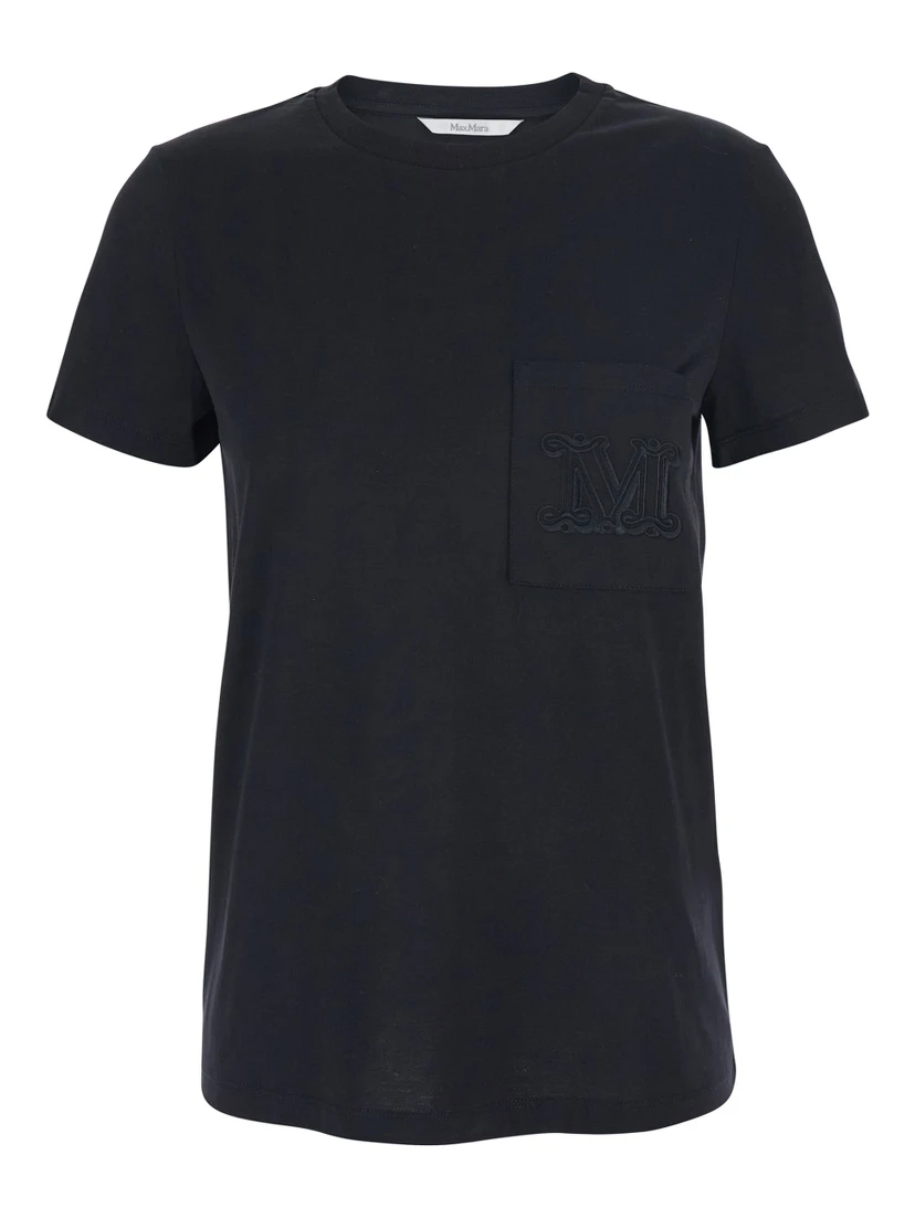 Papaia Black Crewneck T-Shirt with One Front Patch Pocket with Logo Embroidery in Cotton Woman