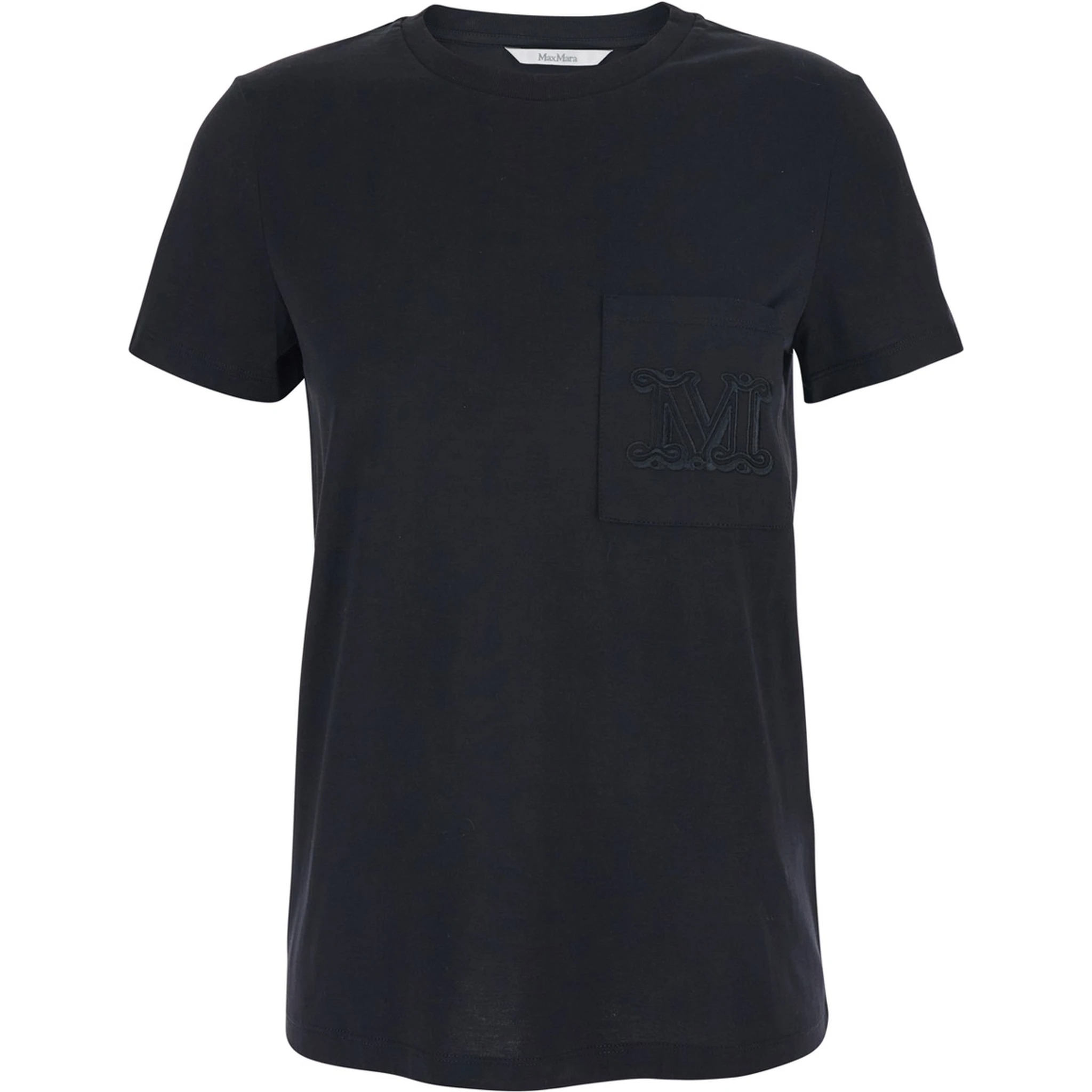 Papaia Black Crewneck T-Shirt with One Front Patch Pocket with Logo Embroidery in Cotton Woman