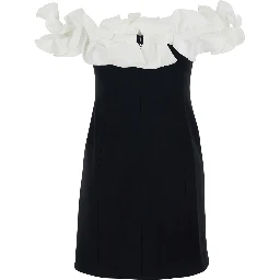 Black Dress with Bare Shoulders and Ruffle Details in Fabric Woman